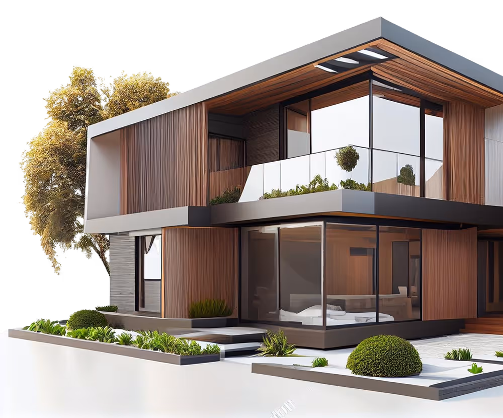 Modern two-story house with large glass windows, wood paneling, balcony with glass railing, and landscaped yard with shrubs.