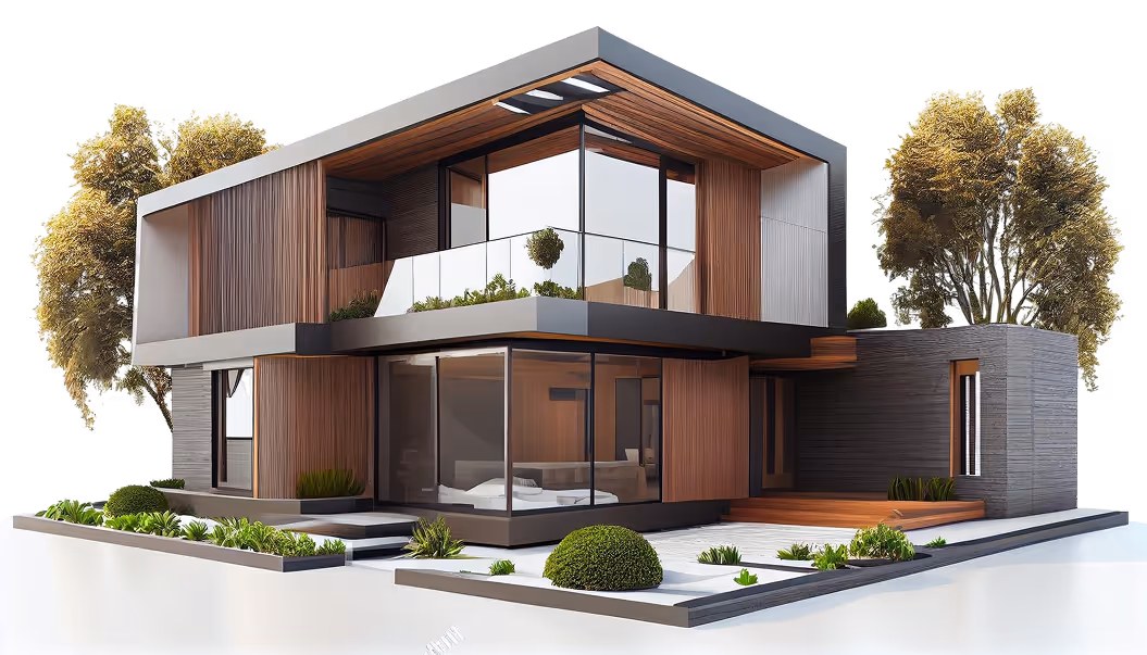 Modern two-story house with large glass windows, wooden paneling, a rooftop balcony with glass railing, surrounded by landscaping and trees.