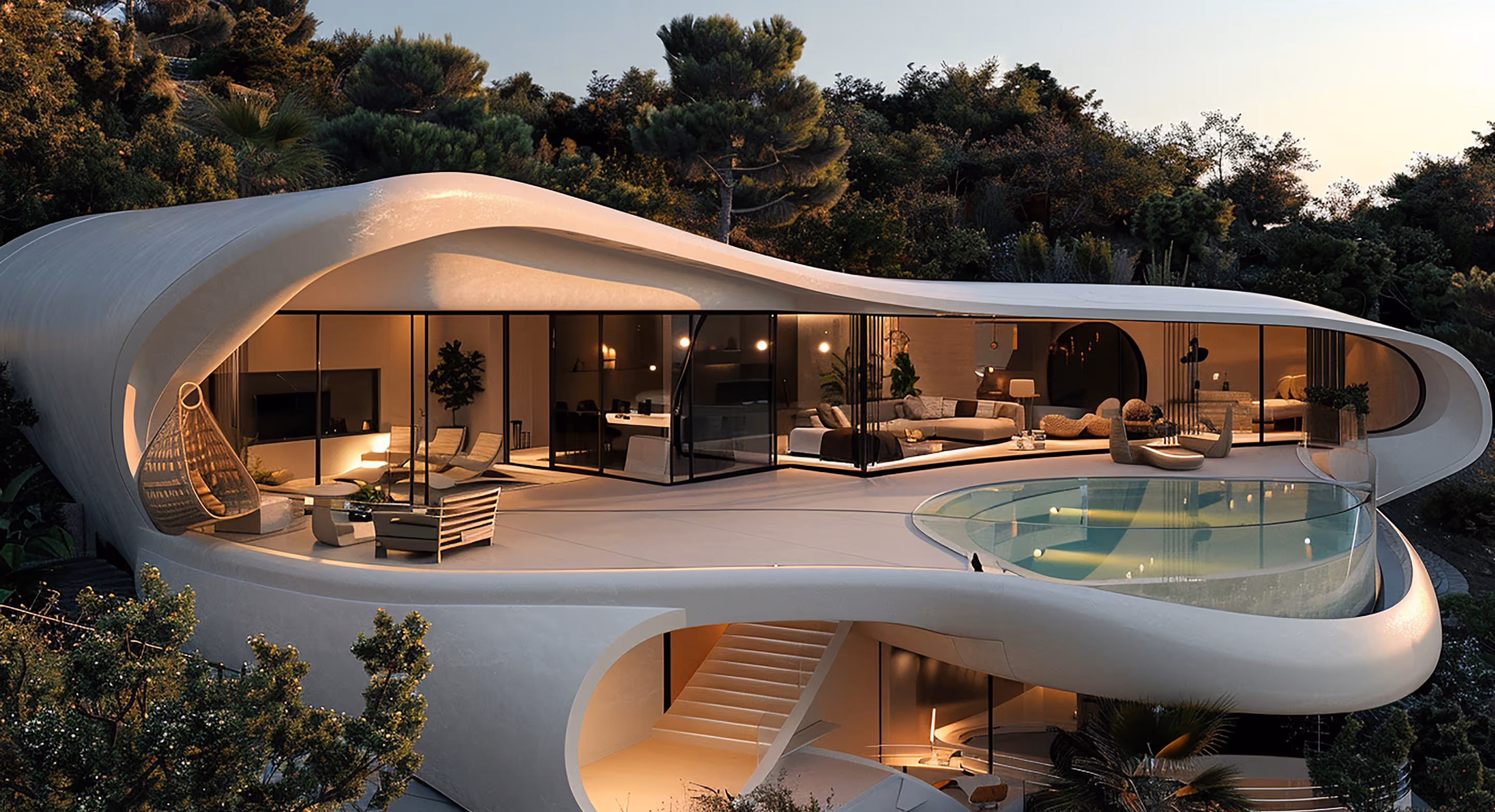 Modern curved house with large glass walls, outdoor seating area, and a glass-walled swimming pool surrounded by lush trees at sunset.
